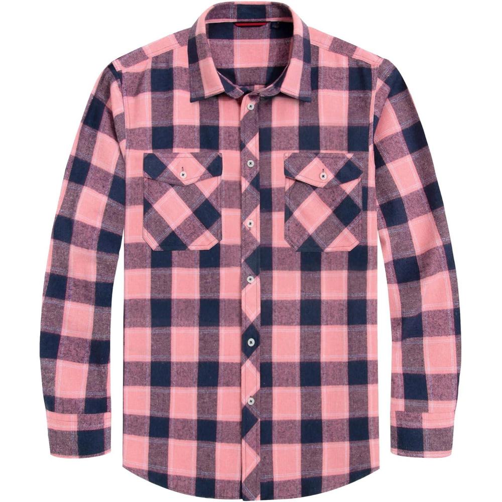 imageJVER Flannel Shirt for Men Plaid Long Sleeve Casual Button Down Shirts Regular Fit Cotton Buffalo Checkered Top with PocketsPink