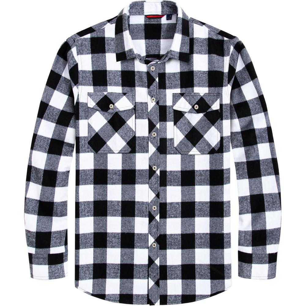 imageJVER Flannel Shirt for Men Plaid Long Sleeve Casual Button Down Shirts Regular Fit Cotton Buffalo Checkered Top with PocketsWhite Black
