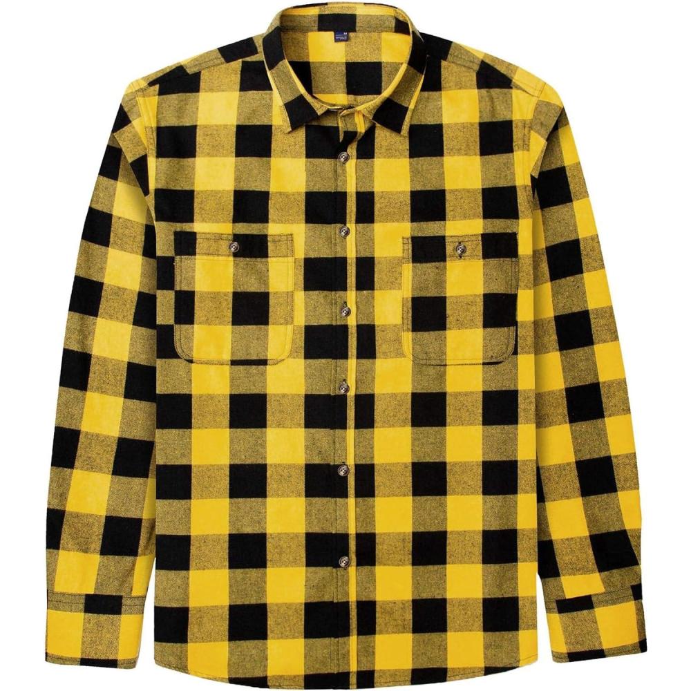 imageJVER Flannel Shirt for Men Plaid Long Sleeve Casual Button Down Shirts Regular Fit Cotton Buffalo Checkered Top with PocketsYellow Black