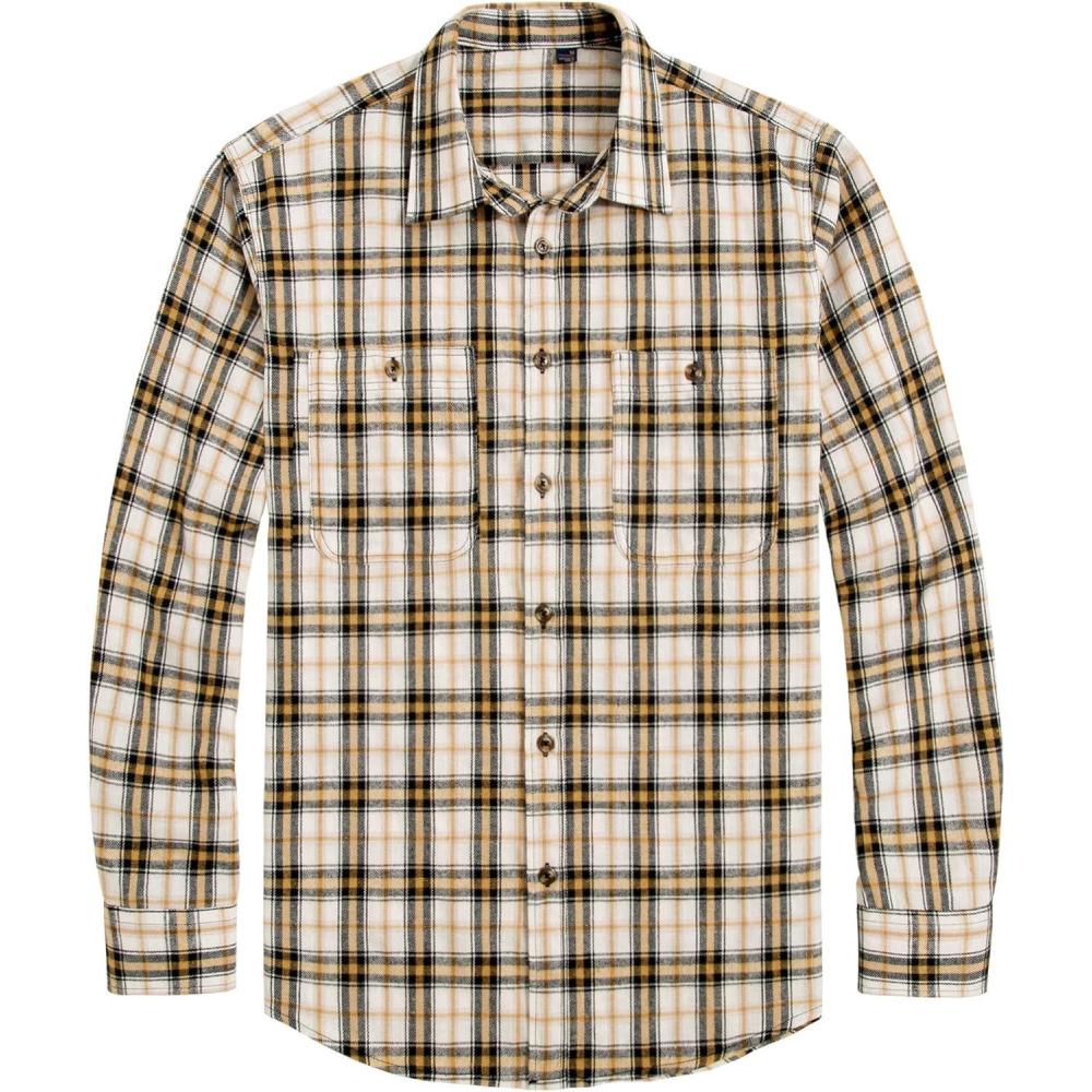 imageJVER Flannel Shirt for Men Plaid Long Sleeve Casual Button Down Shirts Regular Fit Cotton Buffalo Checkered Top with PocketsYellow White