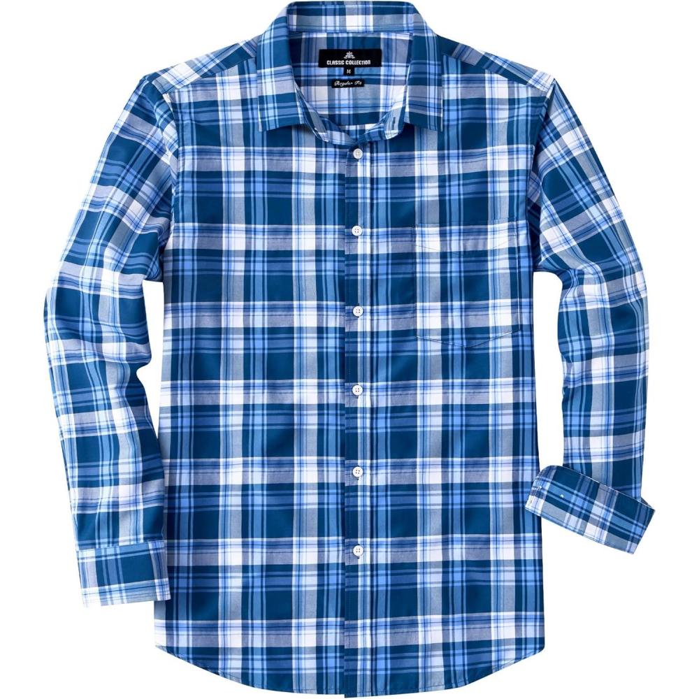 imageJVER Long Sleeve Shirts for Men Cotton Plaid Button Down Shirt Business Casual Work Top with PocketDark Blue