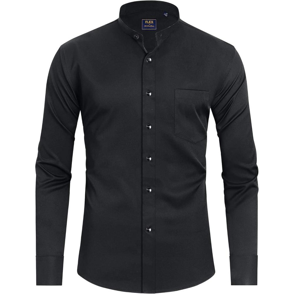 imageJVER Mens Banded Collar Dress Shirt Mandarin Long Sleeve Button Down Shirts Stretch Collarless Tops with PocketBlack