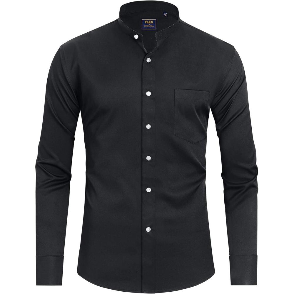 imageJVER Mens Banded Collar Dress Shirt Mandarin Long Sleeve Button Down Shirts Stretch Collarless Tops with PocketBlack White