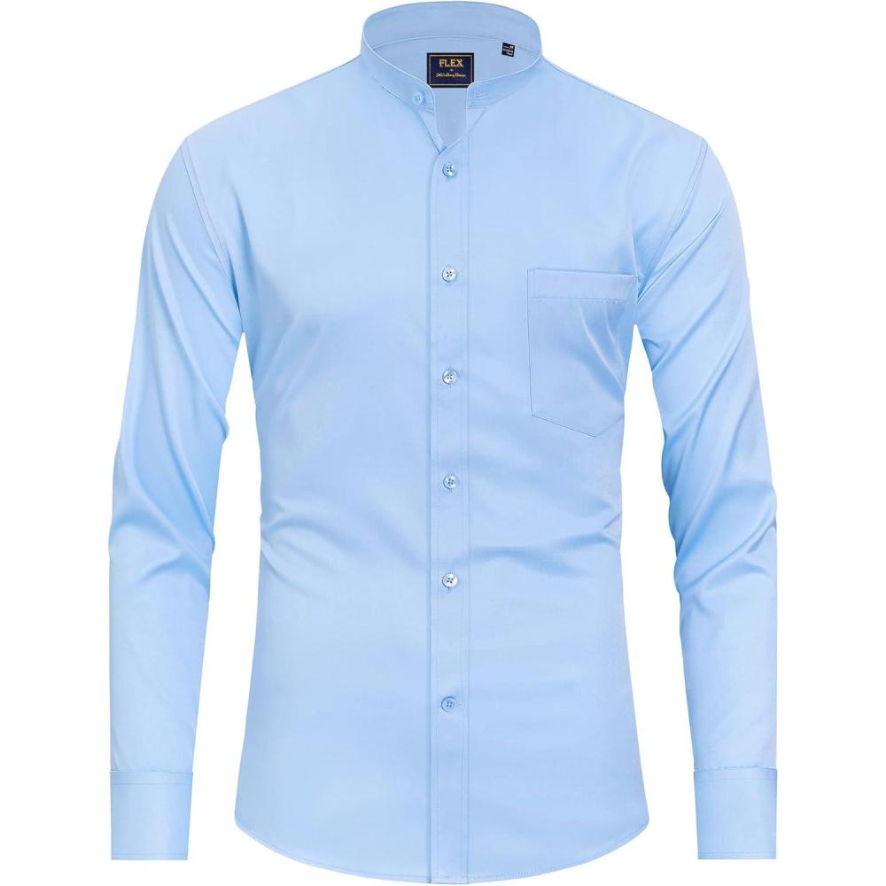 imageJVER Mens Banded Collar Dress Shirt Mandarin Long Sleeve Button Down Shirts Stretch Collarless Tops with PocketBlue