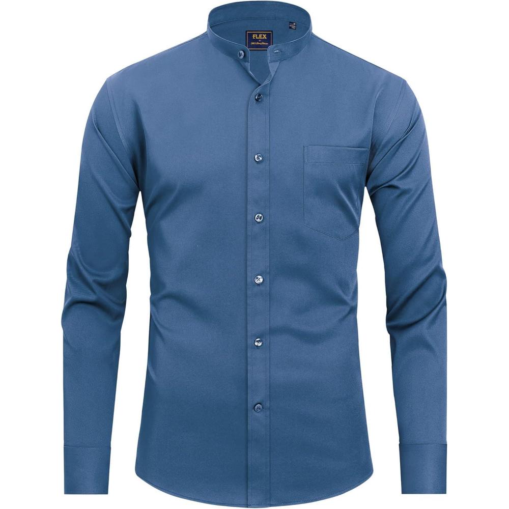 imageJVER Mens Banded Collar Dress Shirt Mandarin Long Sleeve Button Down Shirts Stretch Collarless Tops with PocketCyan Blue