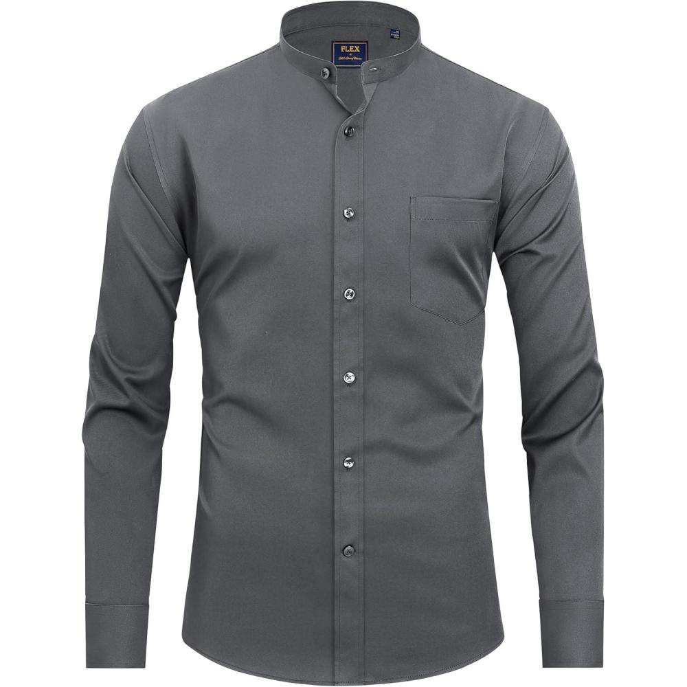 imageJVER Mens Banded Collar Dress Shirt Mandarin Long Sleeve Button Down Shirts Stretch Collarless Tops with PocketGrey