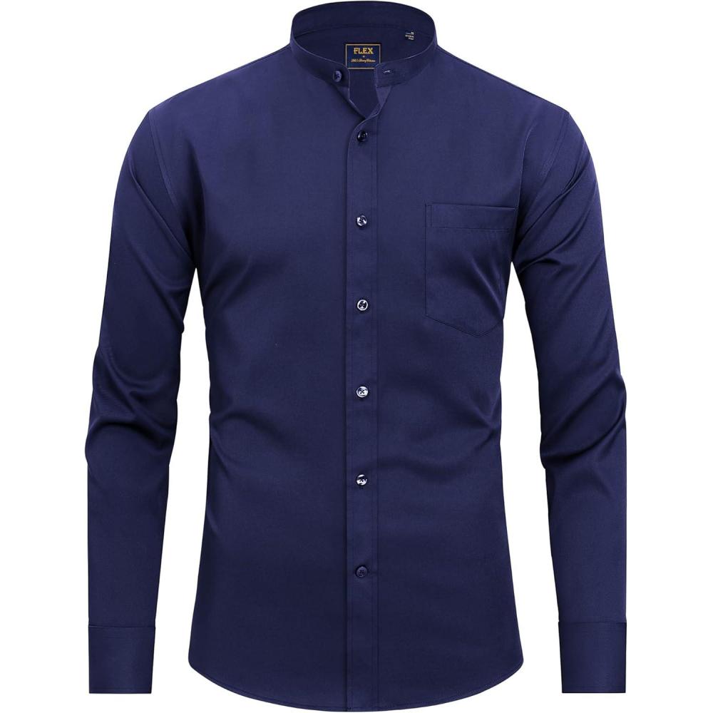 imageJVER Mens Banded Collar Dress Shirt Mandarin Long Sleeve Button Down Shirts Stretch Collarless Tops with PocketNavy Blue