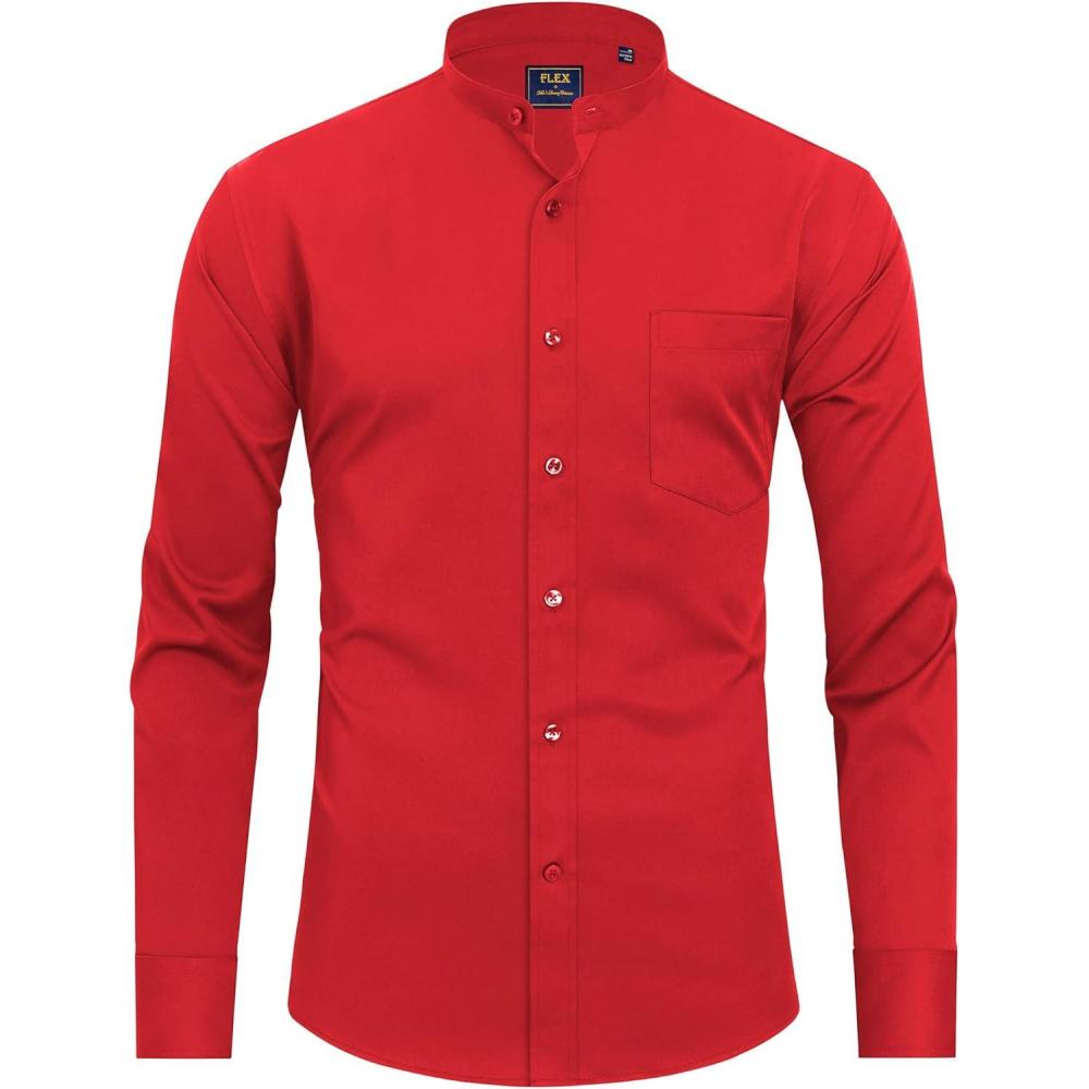 imageJVER Mens Banded Collar Dress Shirt Mandarin Long Sleeve Button Down Shirts Stretch Collarless Tops with PocketRed
