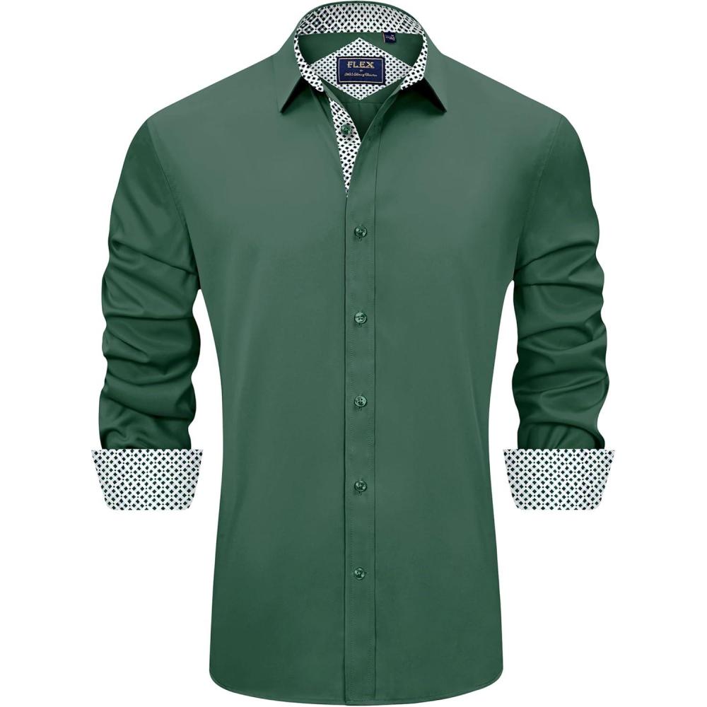 imageJVER Mens Casual Long Sleeve Stretch Dress Shirt WrinkleFree Regular Fit Button Down ShirtsArmy Green