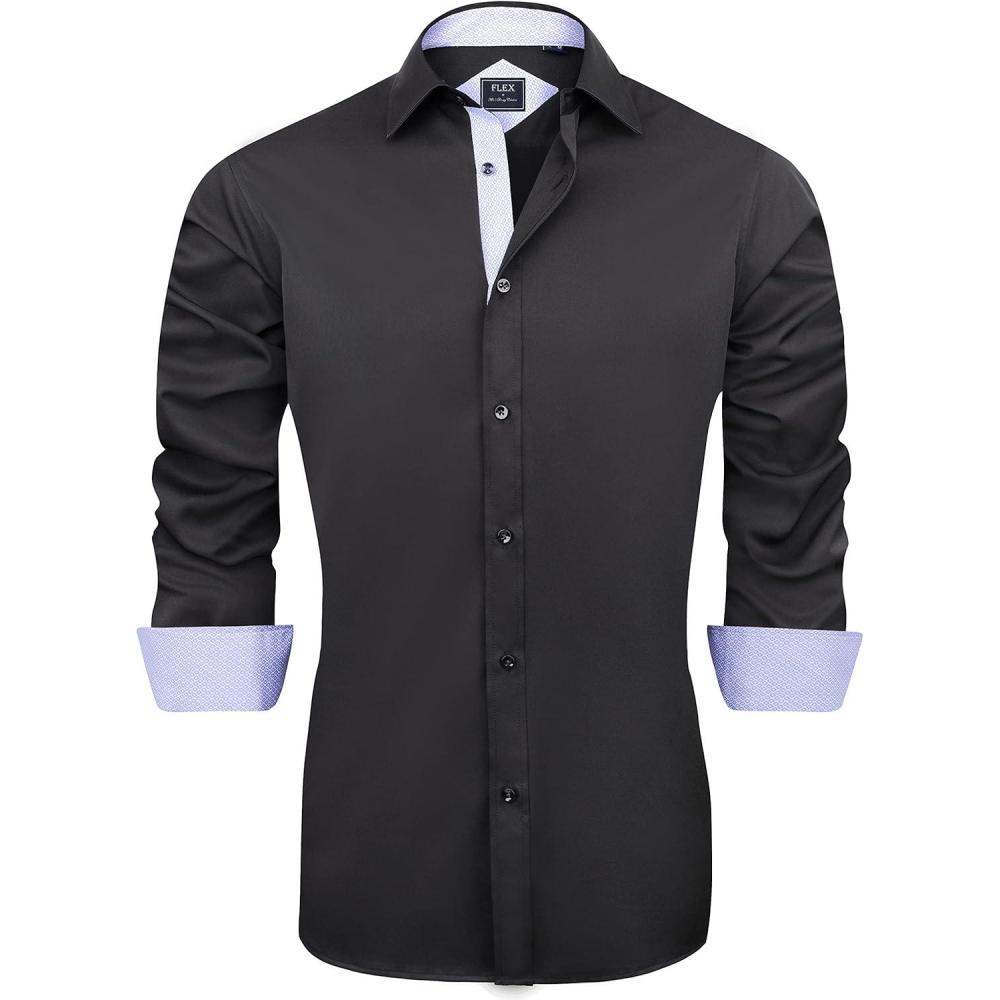 imageJVER Mens Casual Long Sleeve Stretch Dress Shirt WrinkleFree Regular Fit Button Down ShirtsBlack Blue