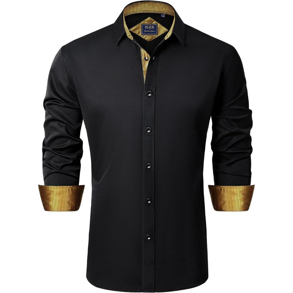 imageJVER Mens Casual Long Sleeve Stretch Dress Shirt WrinkleFree Regular Fit Button Down ShirtsBlack Gold