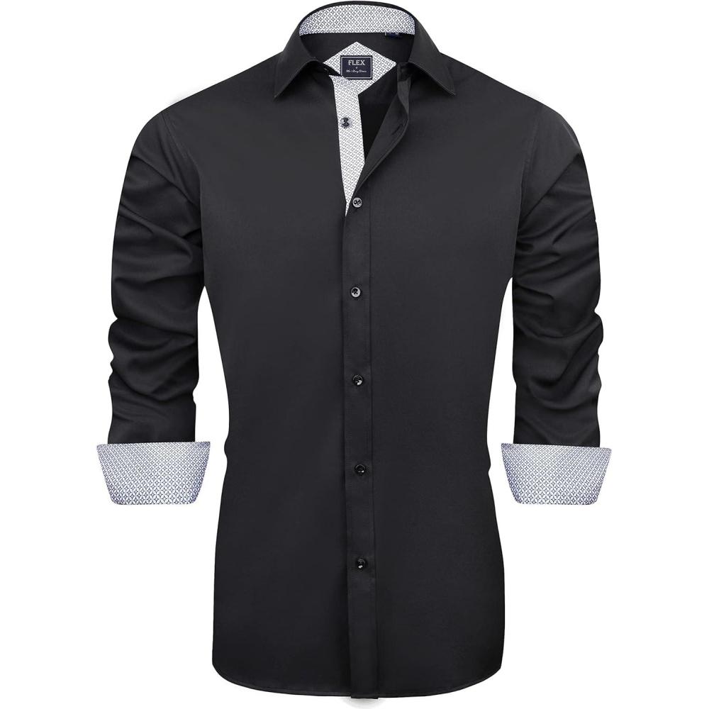 imageJVER Mens Casual Long Sleeve Stretch Dress Shirt WrinkleFree Regular Fit Button Down ShirtsBlack White