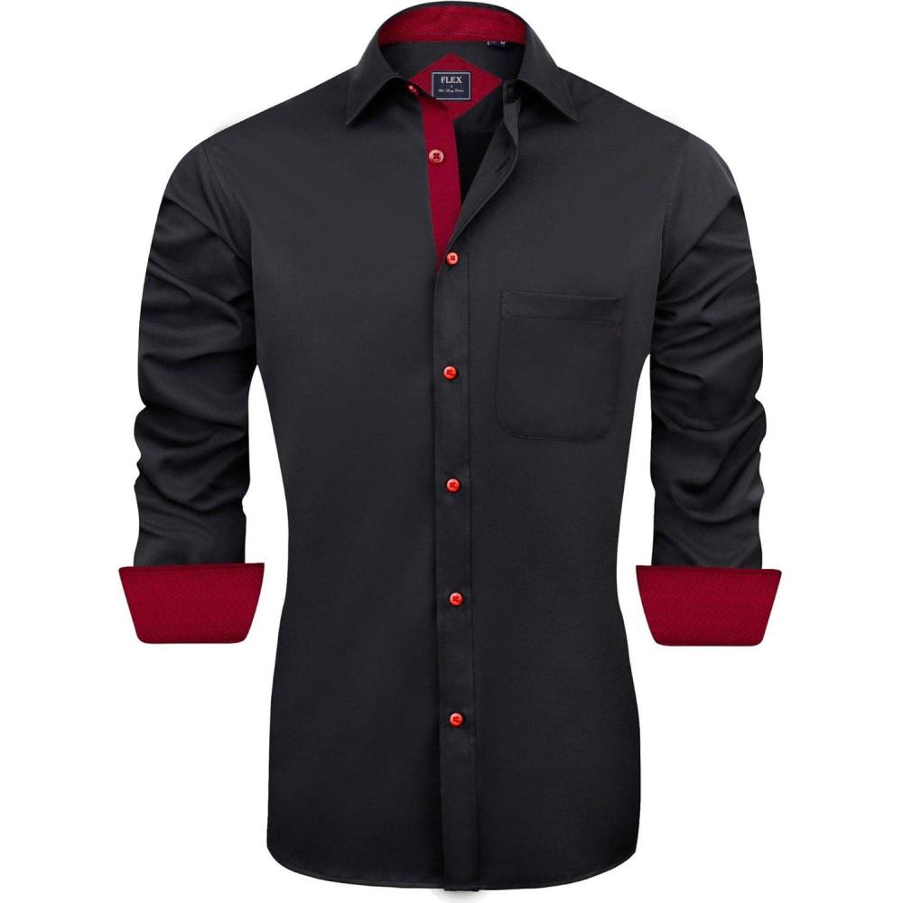 imageJVER Mens Casual Long Sleeve Stretch Dress Shirt WrinkleFree Regular Fit Button Down ShirtsBlackRed