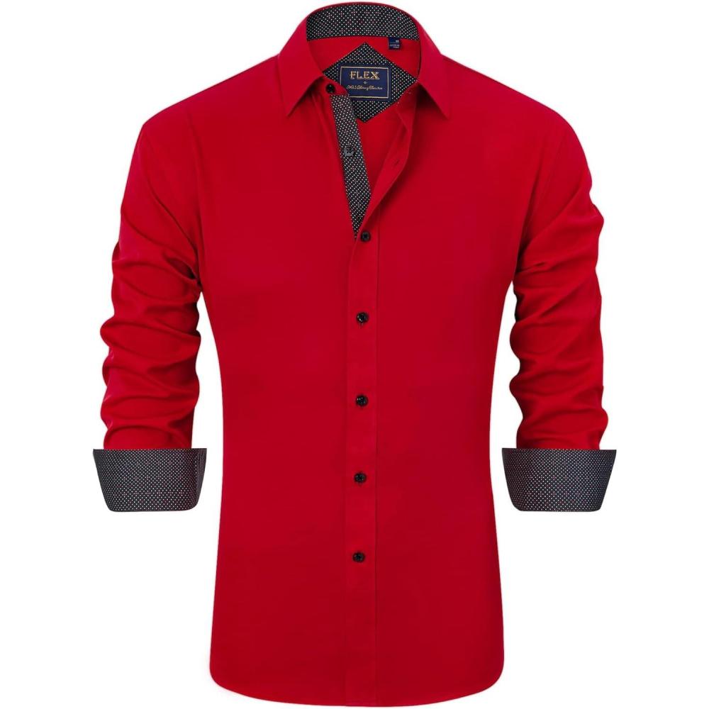 imageJVER Mens Casual Long Sleeve Stretch Dress Shirt WrinkleFree Regular Fit Button Down ShirtsBright Red