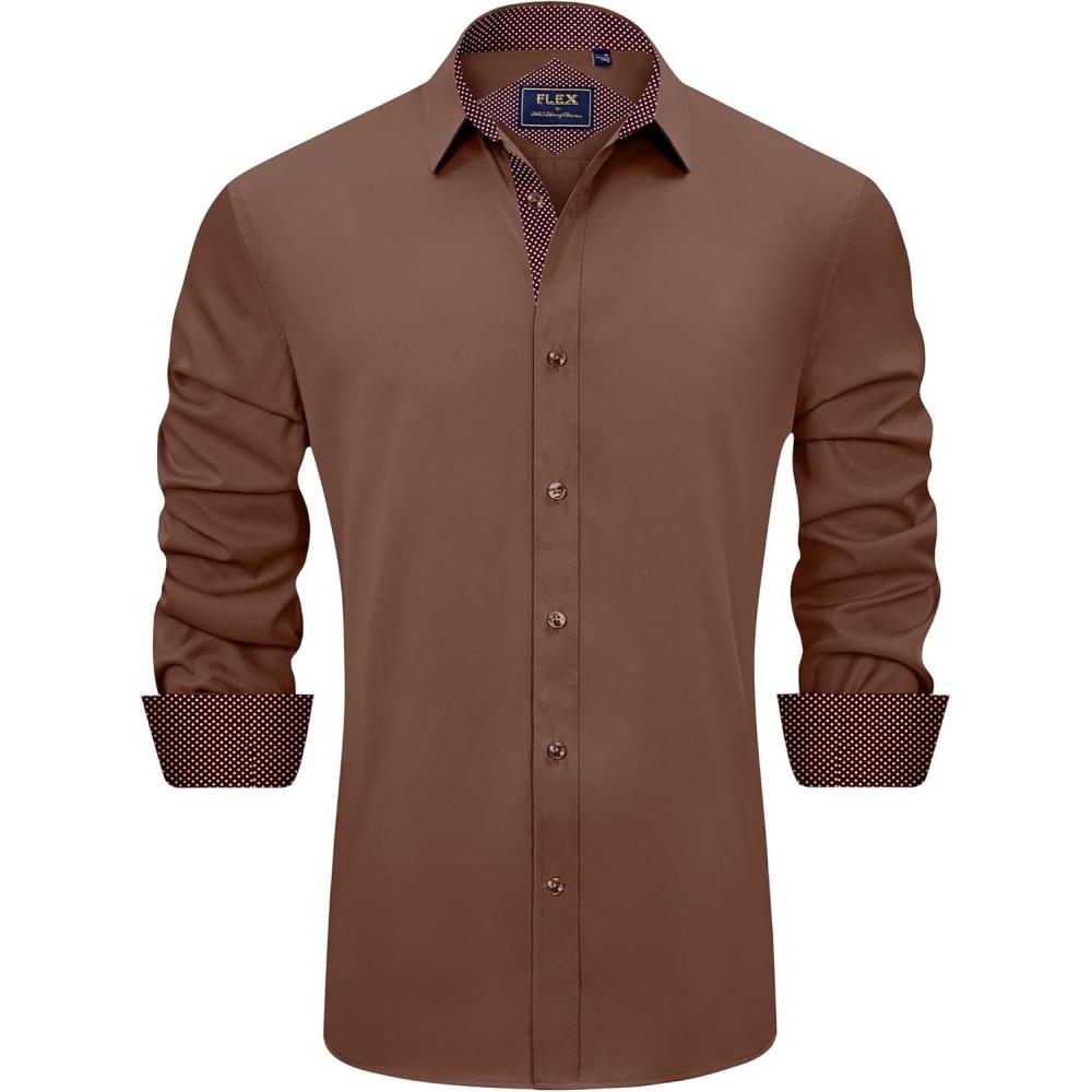 imageJVER Mens Casual Long Sleeve Stretch Dress Shirt WrinkleFree Regular Fit Button Down ShirtsChocolate Brown