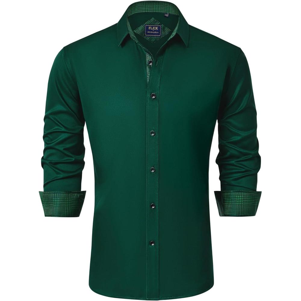 imageJVER Mens Casual Long Sleeve Stretch Dress Shirt WrinkleFree Regular Fit Button Down ShirtsDark Green