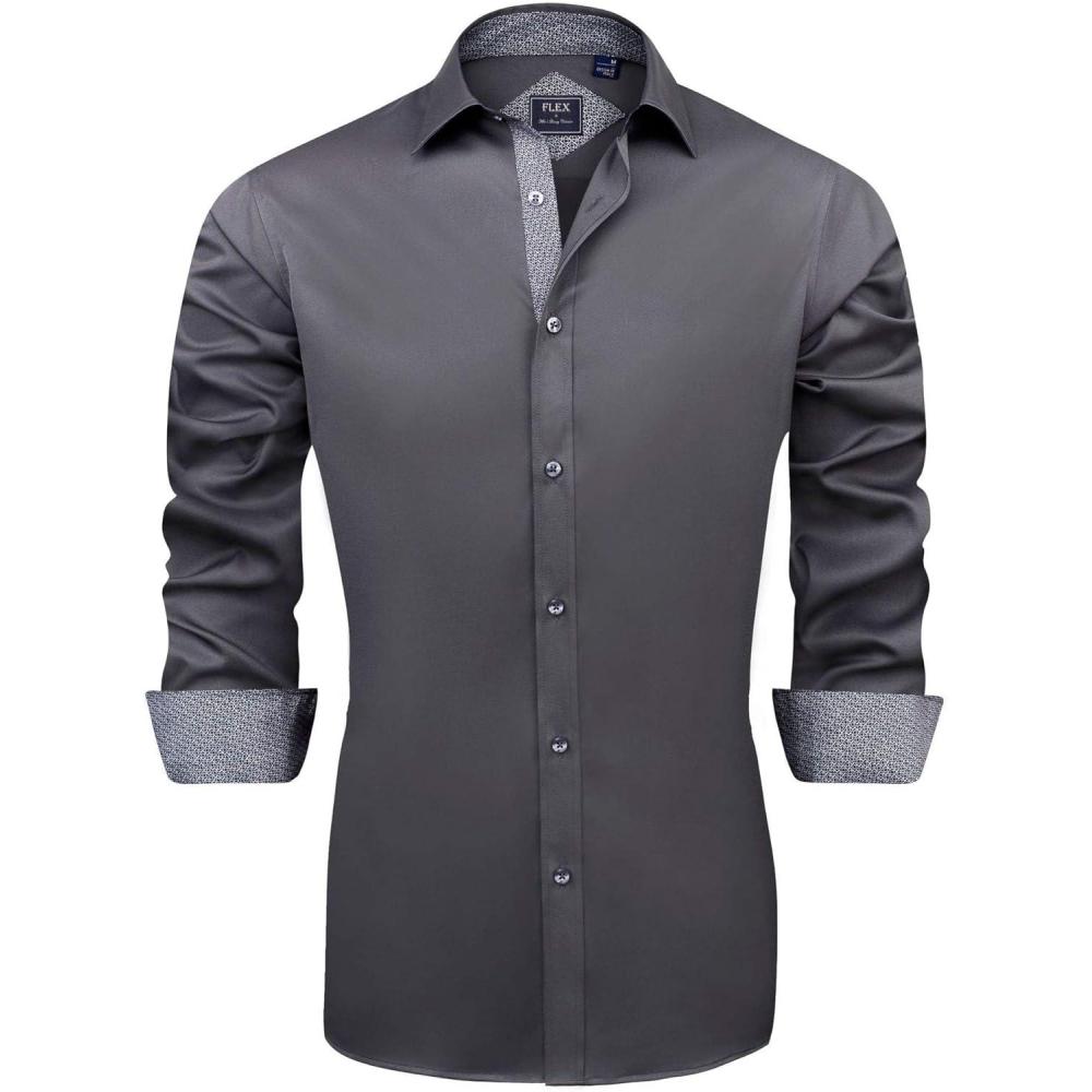 imageJVER Mens Casual Long Sleeve Stretch Dress Shirt WrinkleFree Regular Fit Button Down ShirtsGrey