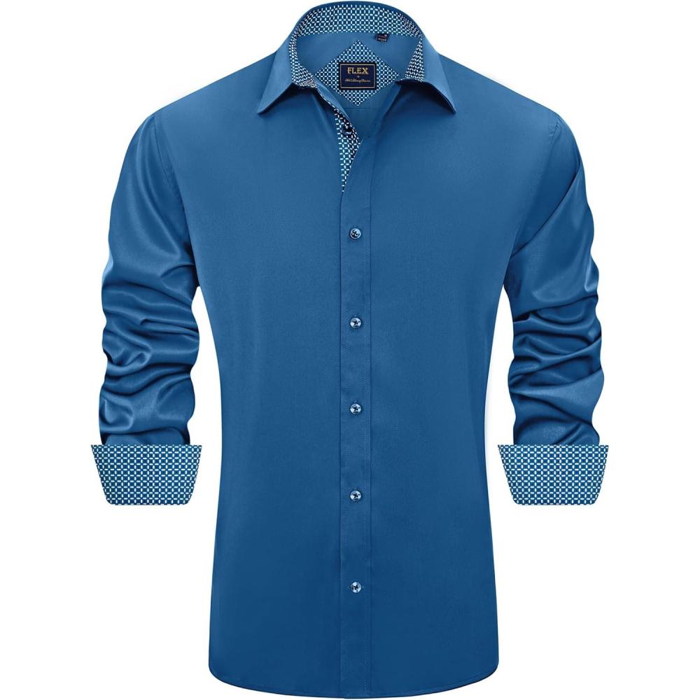 imageJVER Mens Casual Long Sleeve Stretch Dress Shirt WrinkleFree Regular Fit Button Down ShirtsGrey Blue