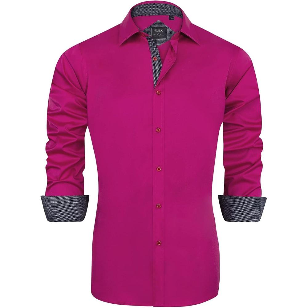 imageJVER Mens Casual Long Sleeve Stretch Dress Shirt WrinkleFree Regular Fit Button Down ShirtsHot Pink