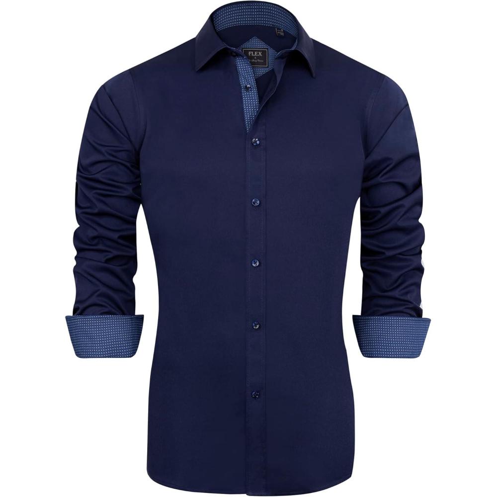 imageJVER Mens Casual Long Sleeve Stretch Dress Shirt WrinkleFree Regular Fit Button Down ShirtsNavy  Blue