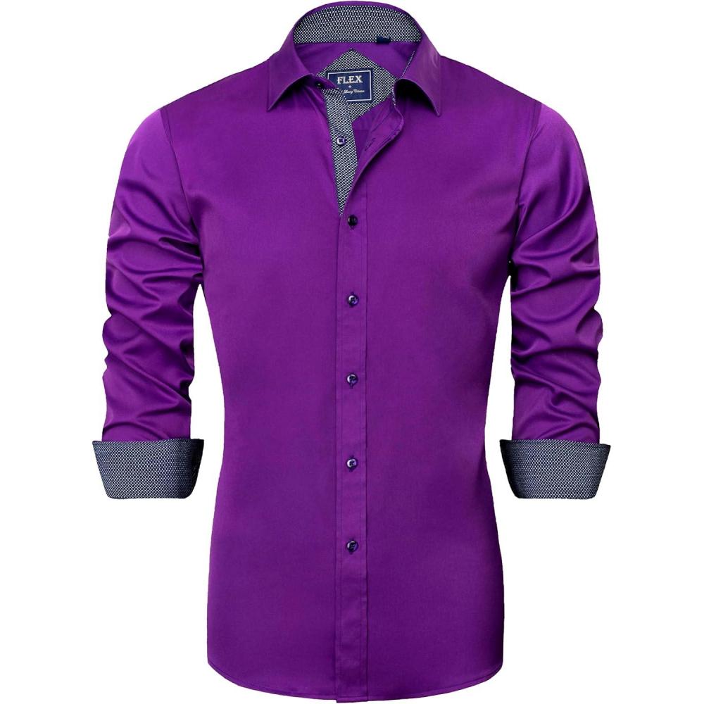 imageJVER Mens Casual Long Sleeve Stretch Dress Shirt WrinkleFree Regular Fit Button Down ShirtsPurple