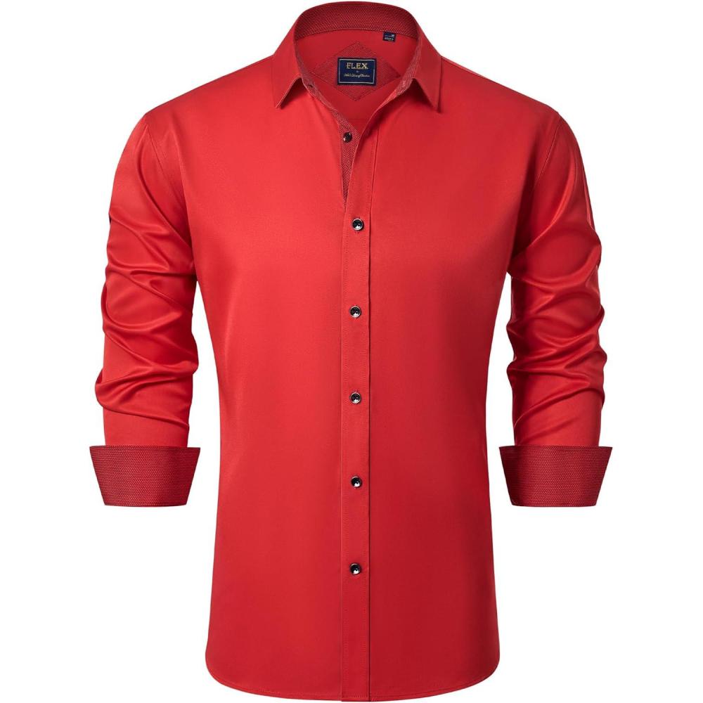 imageJVER Mens Casual Long Sleeve Stretch Dress Shirt WrinkleFree Regular Fit Button Down ShirtsRed