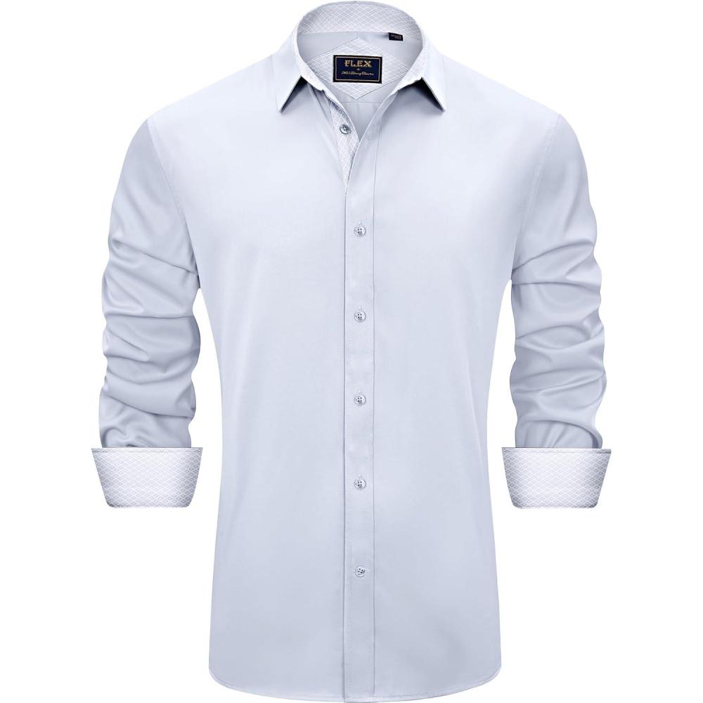 imageJVER Mens Casual Long Sleeve Stretch Dress Shirt WrinkleFree Regular Fit Button Down ShirtsSilver Grey