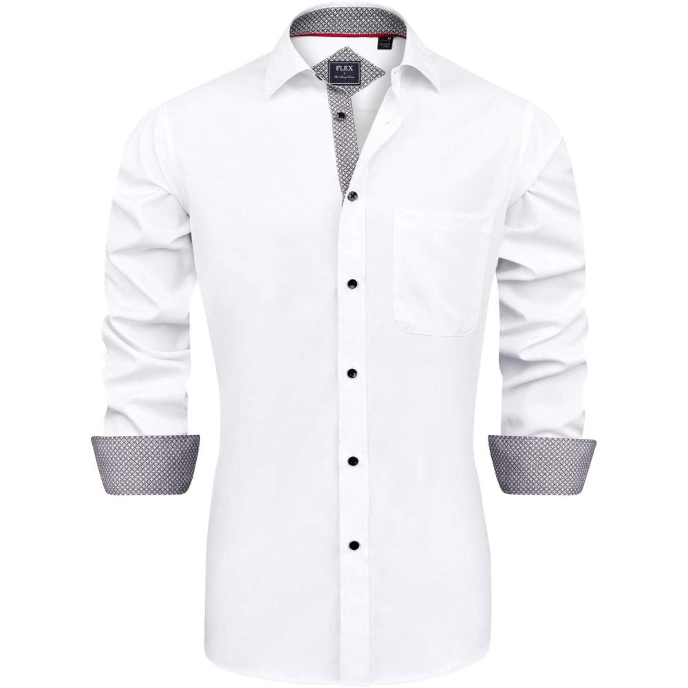 imageJVER Mens Casual Long Sleeve Stretch Dress Shirt WrinkleFree Regular Fit Button Down ShirtsWhite Black