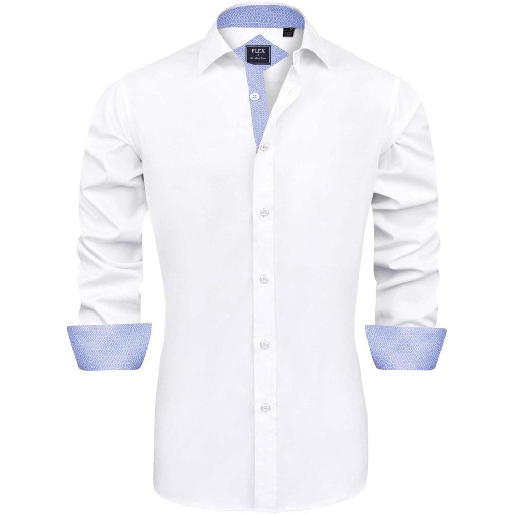 imageJVER Mens Casual Long Sleeve Stretch Dress Shirt WrinkleFree Regular Fit Button Down ShirtsWhite Blue