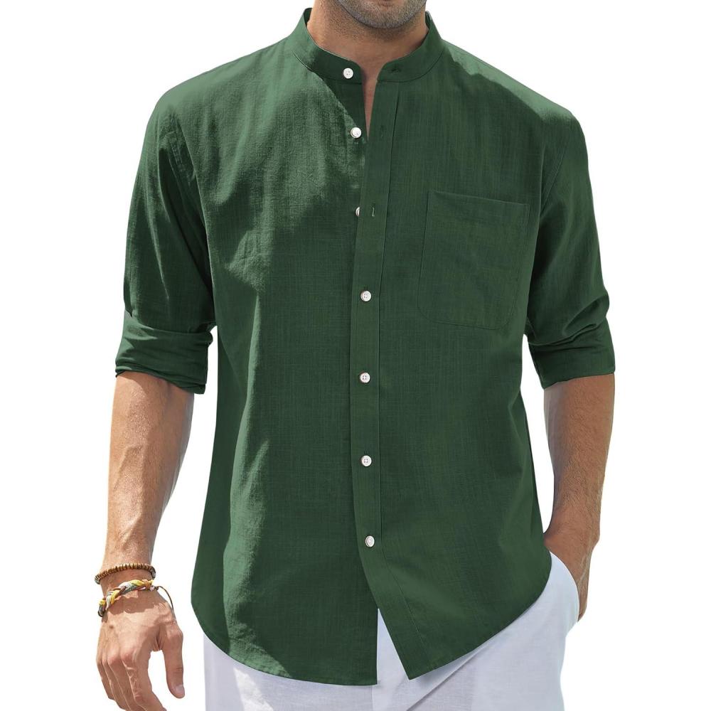 imageJVER Mens Cotton Linen Long Sleeve Shirts Casual Button Down Banded Collar Shirt Beach Summer Tops with PocketArmy Green