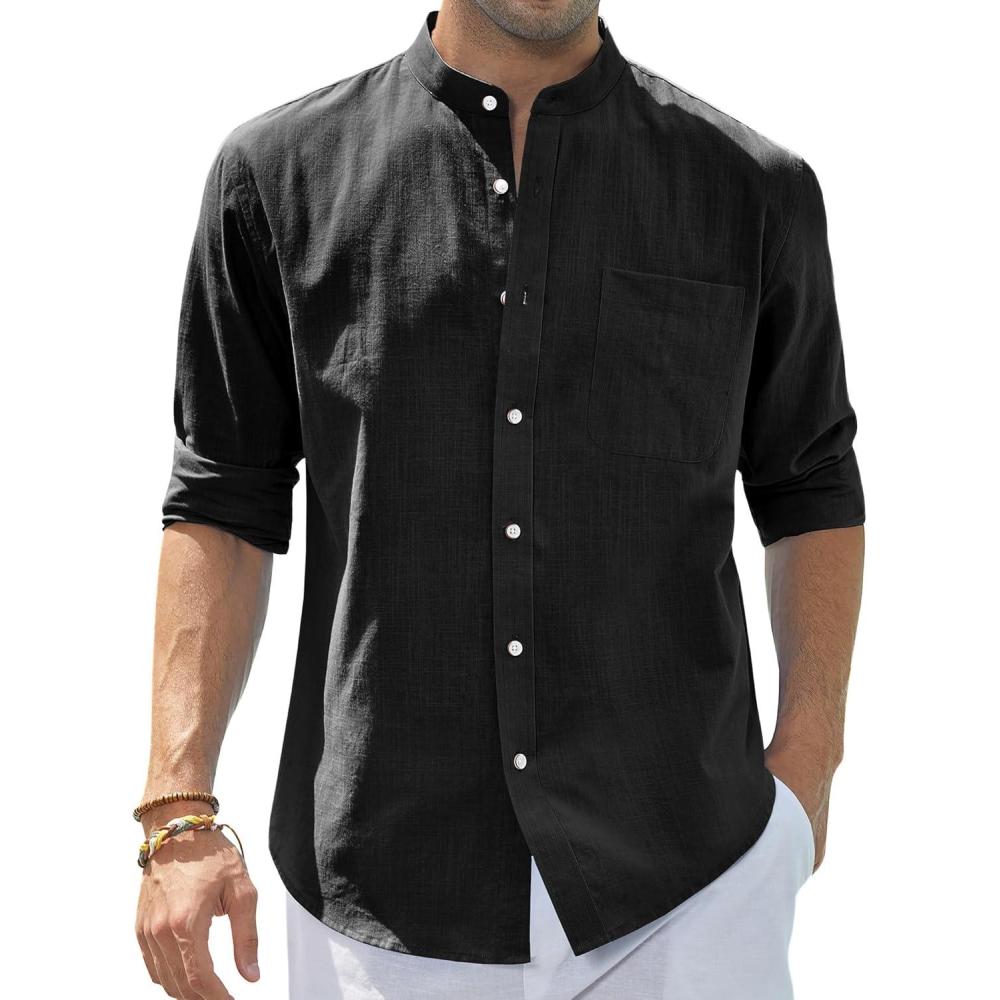 imageJVER Mens Cotton Linen Long Sleeve Shirts Casual Button Down Banded Collar Shirt Beach Summer Tops with PocketBlack