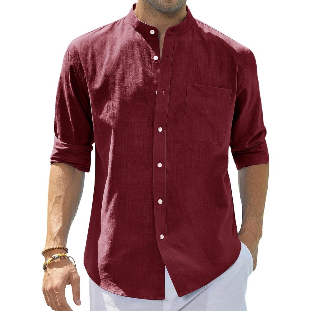 imageJVER Mens Cotton Linen Long Sleeve Shirts Casual Button Down Banded Collar Shirt Beach Summer Tops with PocketBurgundy