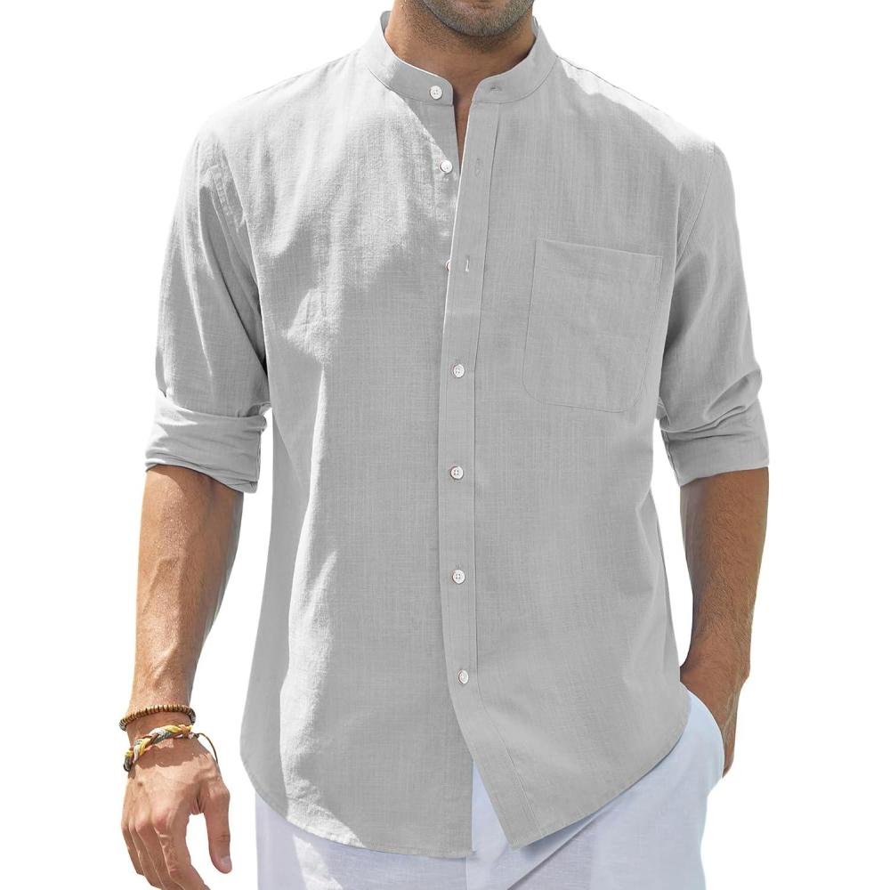 imageJVER Mens Cotton Linen Long Sleeve Shirts Casual Button Down Banded Collar Shirt Beach Summer Tops with PocketGrey