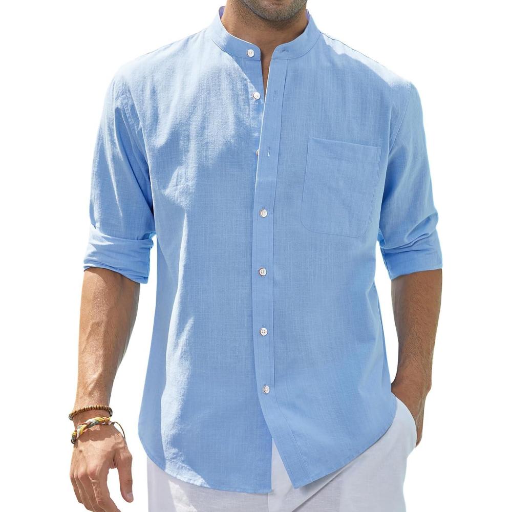 imageJVER Mens Cotton Linen Long Sleeve Shirts Casual Button Down Banded Collar Shirt Beach Summer Tops with PocketLight Blue