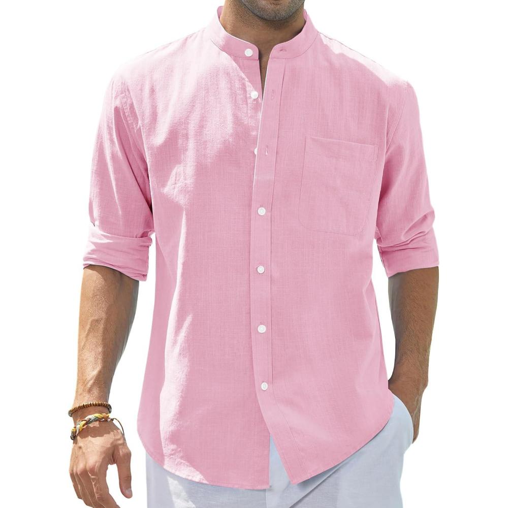 imageJVER Mens Cotton Linen Long Sleeve Shirts Casual Button Down Banded Collar Shirt Beach Summer Tops with PocketLight Pink