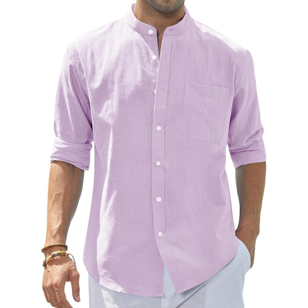 imageJVER Mens Cotton Linen Long Sleeve Shirts Casual Button Down Banded Collar Shirt Beach Summer Tops with PocketLight Purple