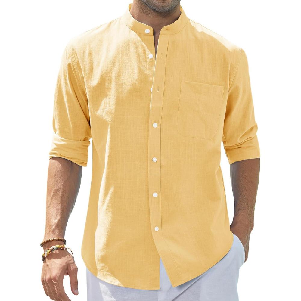 imageJVER Mens Cotton Linen Long Sleeve Shirts Casual Button Down Banded Collar Shirt Beach Summer Tops with PocketLight Yellow