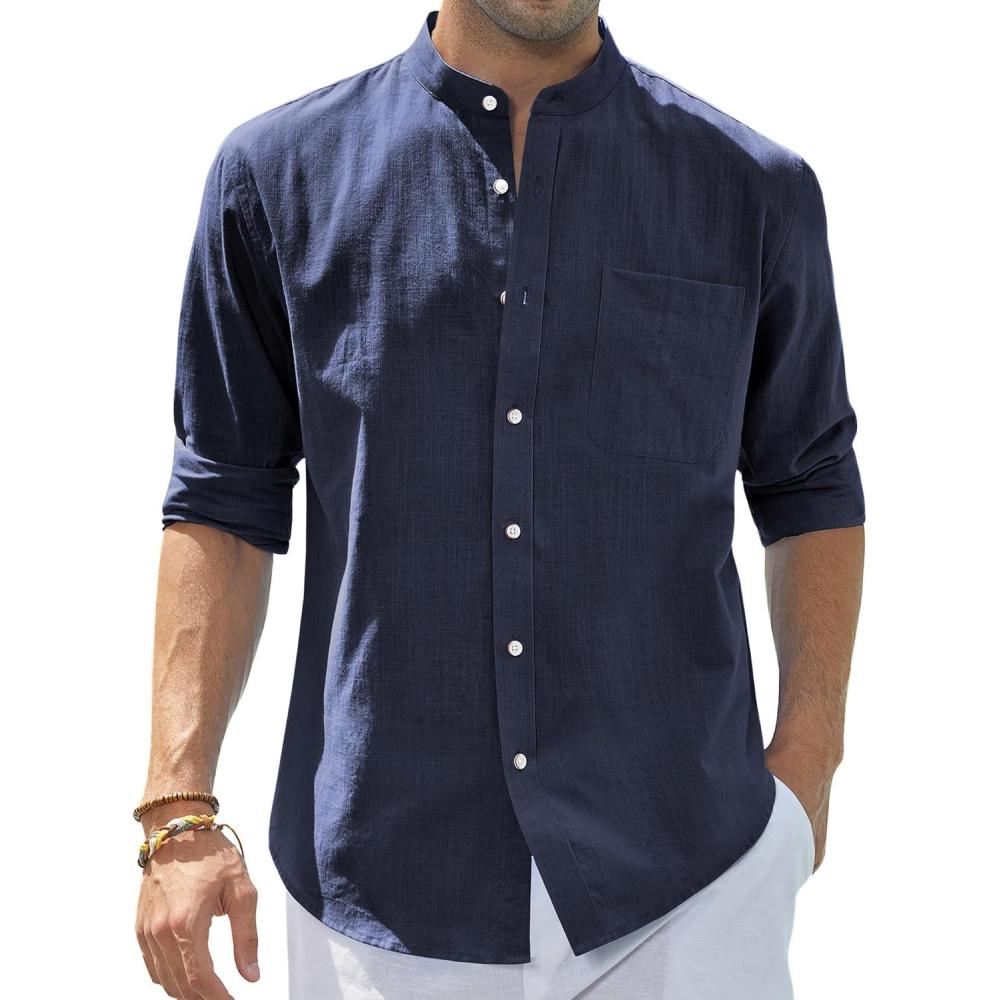 imageJVER Mens Cotton Linen Long Sleeve Shirts Casual Button Down Banded Collar Shirt Beach Summer Tops with PocketNavy Blue