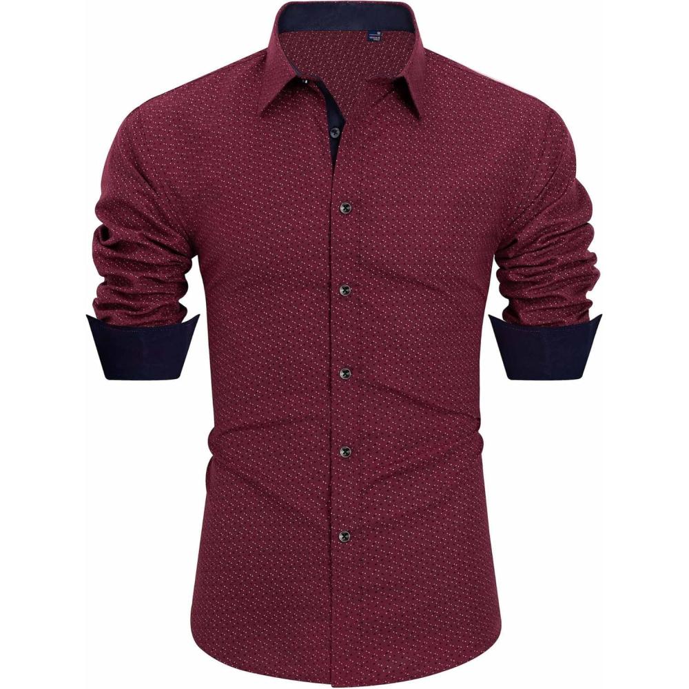 imageJVER Mens Digital Printing Dress Shirts Regular Fit Long Sleeve Button Down Shirt Burgundy Large