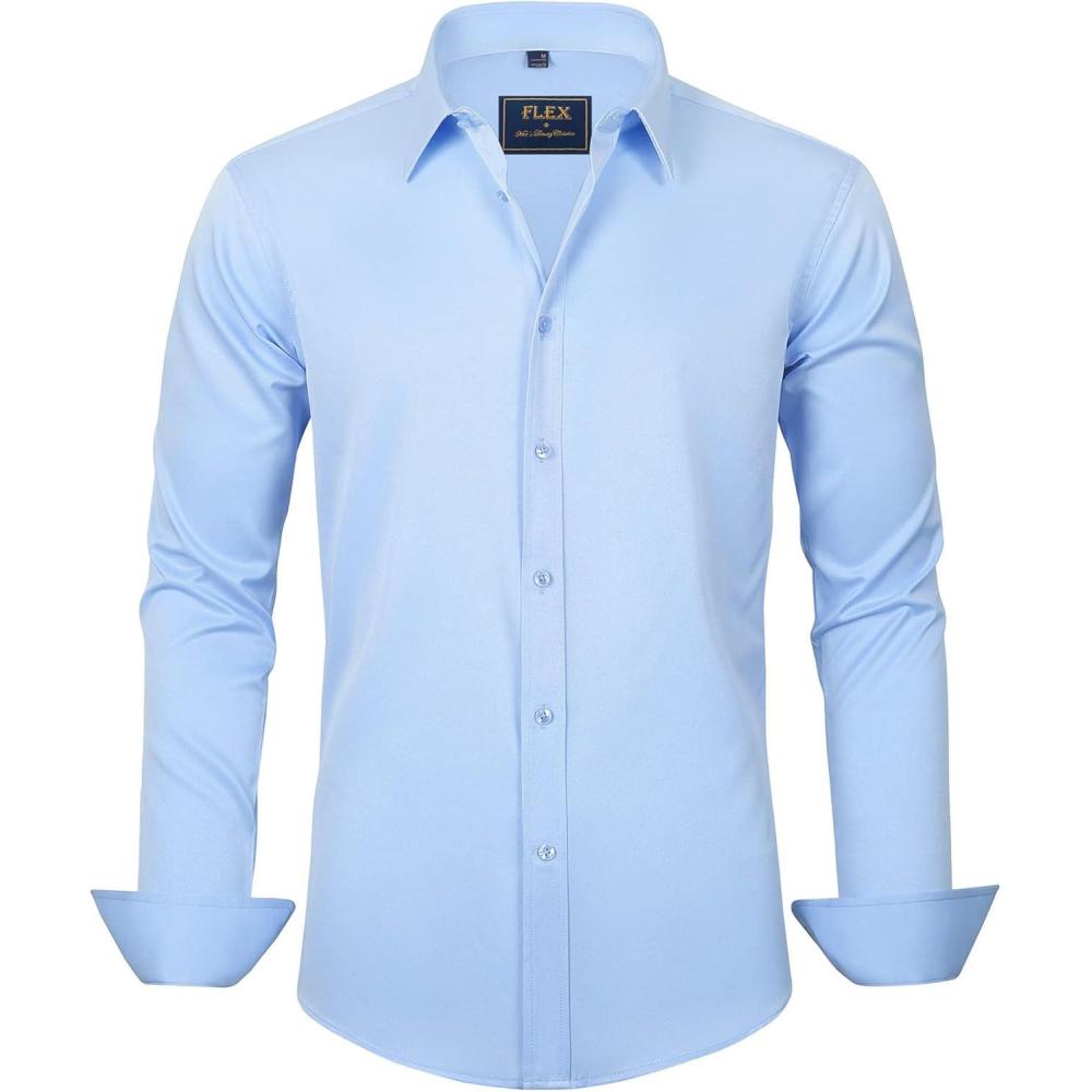 imageJVER Mens Dress Shirts Solid Long Sleeve Stretch WrinkleFree Formal Shirt Business Casual Button Down ShirtsBlue