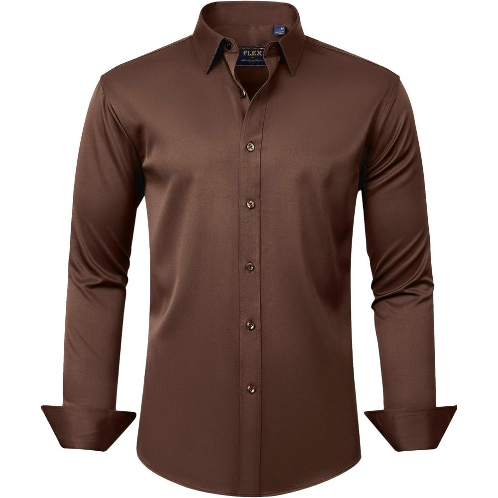 imageJVER Mens Dress Shirts Solid Long Sleeve Stretch WrinkleFree Formal Shirt Business Casual Button Down ShirtsBrown