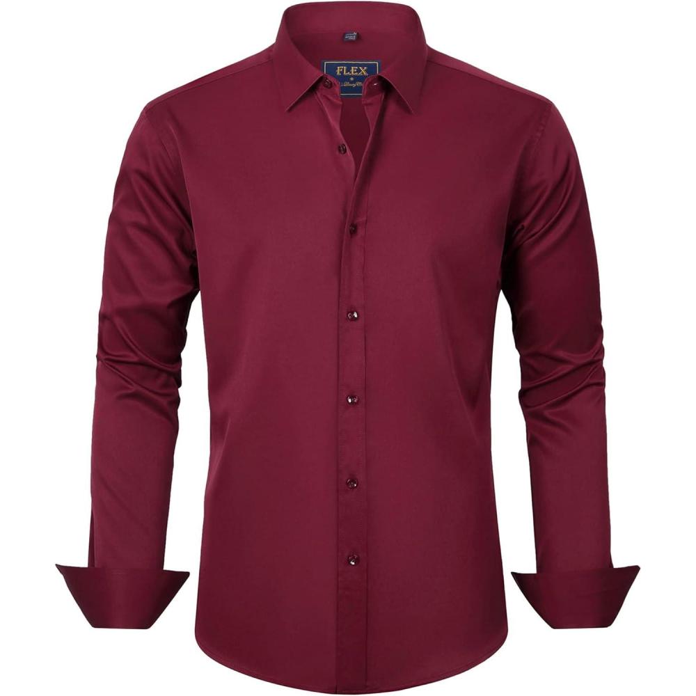 imageJVER Mens Dress Shirts Solid Long Sleeve Stretch WrinkleFree Formal Shirt Business Casual Button Down ShirtsBurgundy