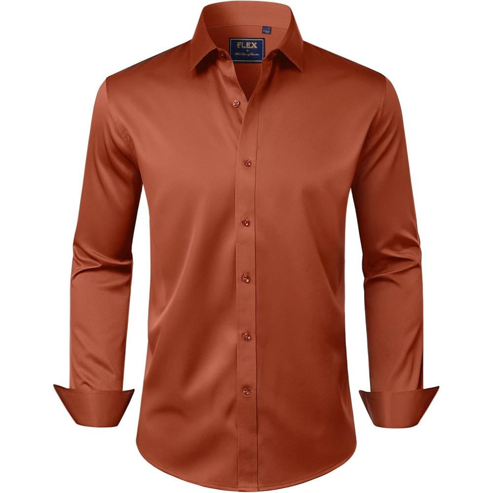 imageJVER Mens Dress Shirts Solid Long Sleeve Stretch WrinkleFree Formal Shirt Business Casual Button Down ShirtsBurnt Orange