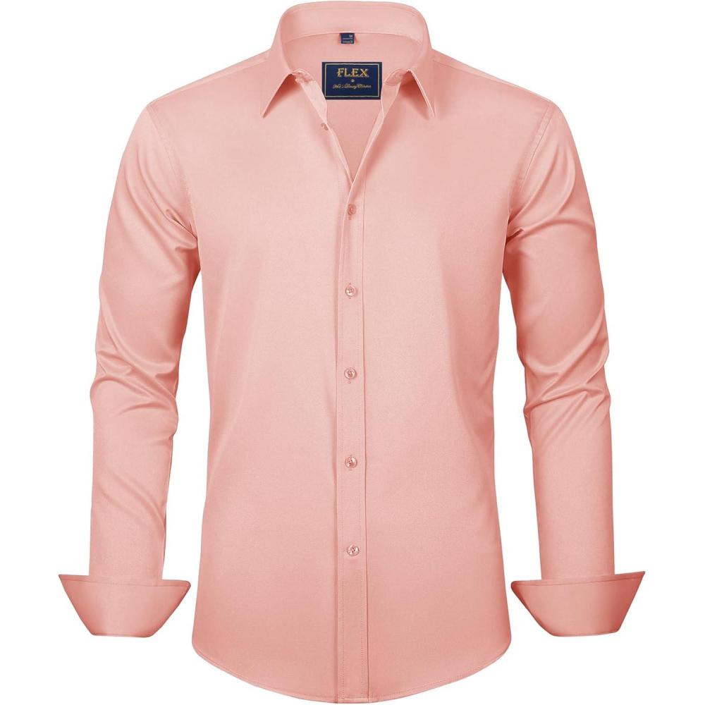imageJVER Mens Dress Shirts Solid Long Sleeve Stretch WrinkleFree Formal Shirt Business Casual Button Down ShirtsCoral