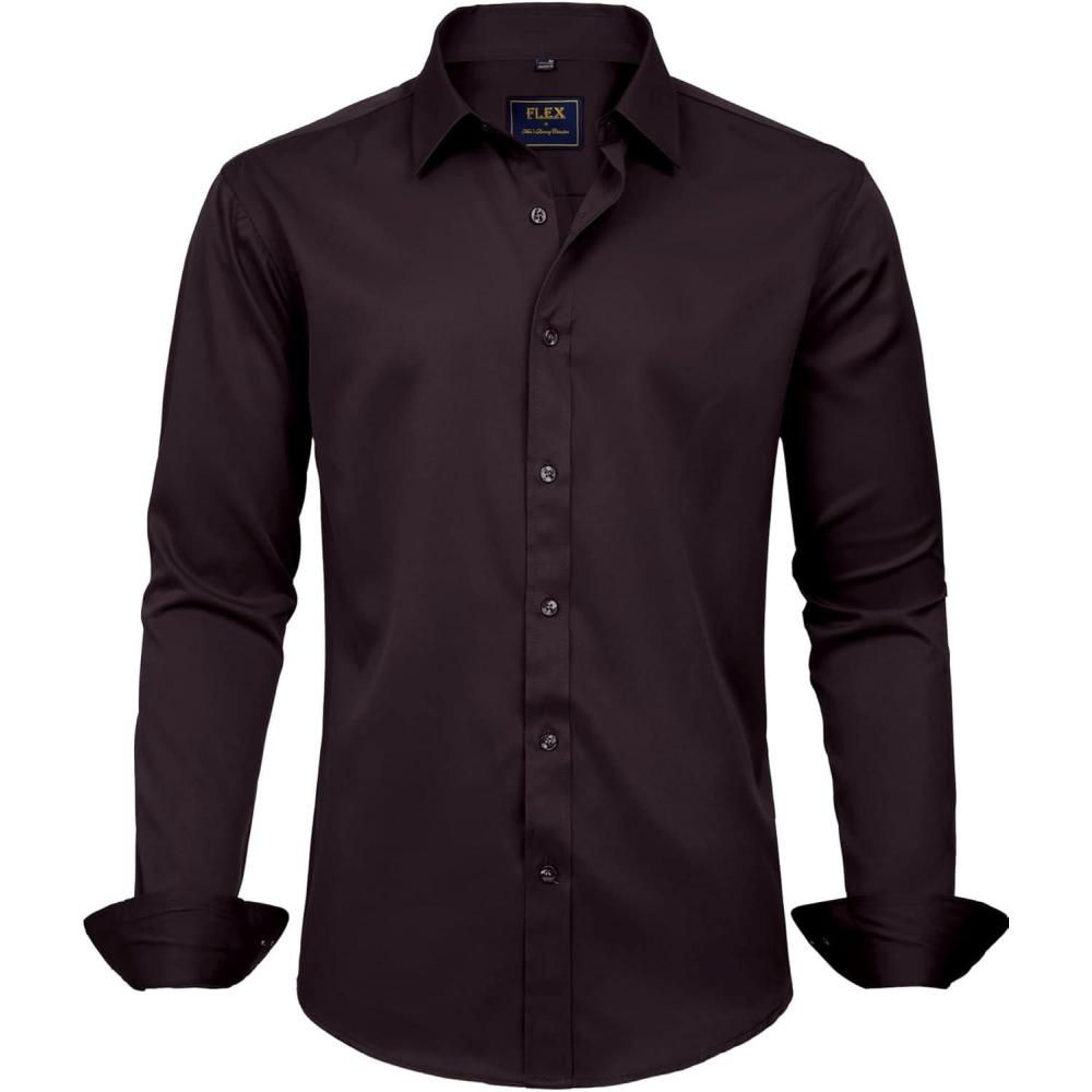 imageJVER Mens Dress Shirts Solid Long Sleeve Stretch WrinkleFree Formal Shirt Business Casual Button Down ShirtsDark Brown