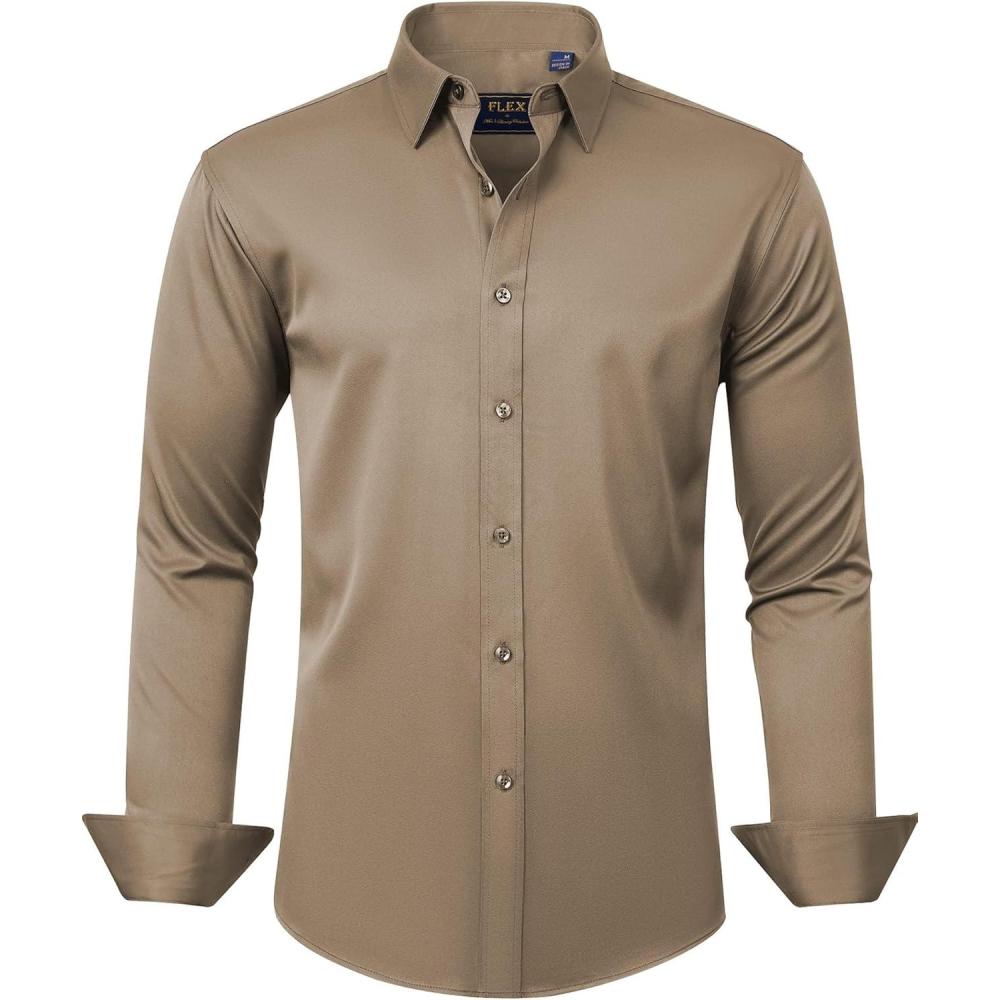 imageJVER Mens Dress Shirts Solid Long Sleeve Stretch WrinkleFree Formal Shirt Business Casual Button Down ShirtsDark Khaki