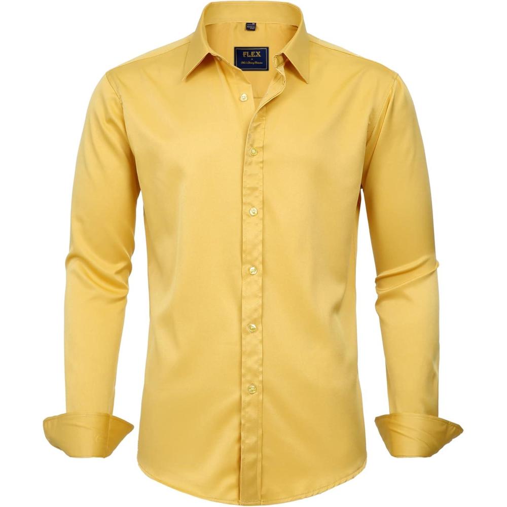 imageJVER Mens Dress Shirts Solid Long Sleeve Stretch WrinkleFree Formal Shirt Business Casual Button Down ShirtsDark Yellow