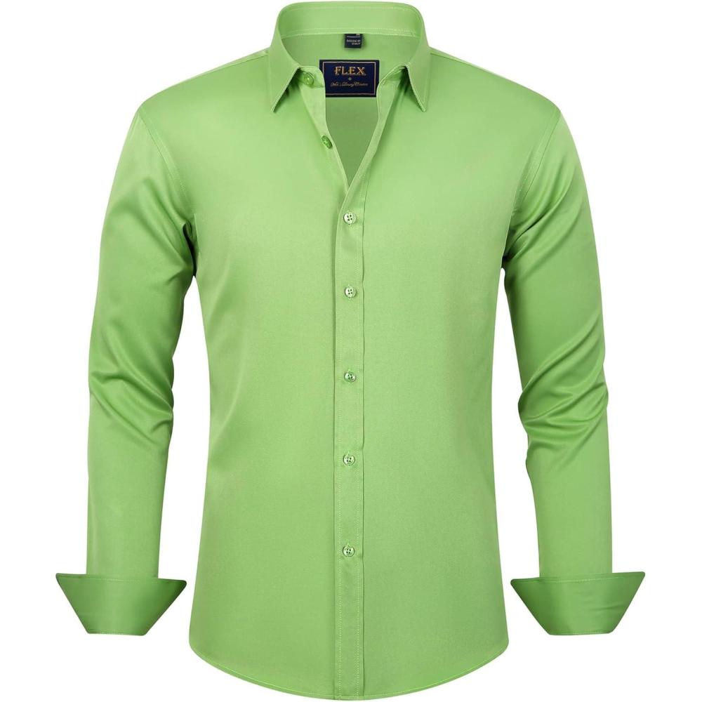 imageJVER Mens Dress Shirts Solid Long Sleeve Stretch WrinkleFree Formal Shirt Business Casual Button Down ShirtsGrass Green