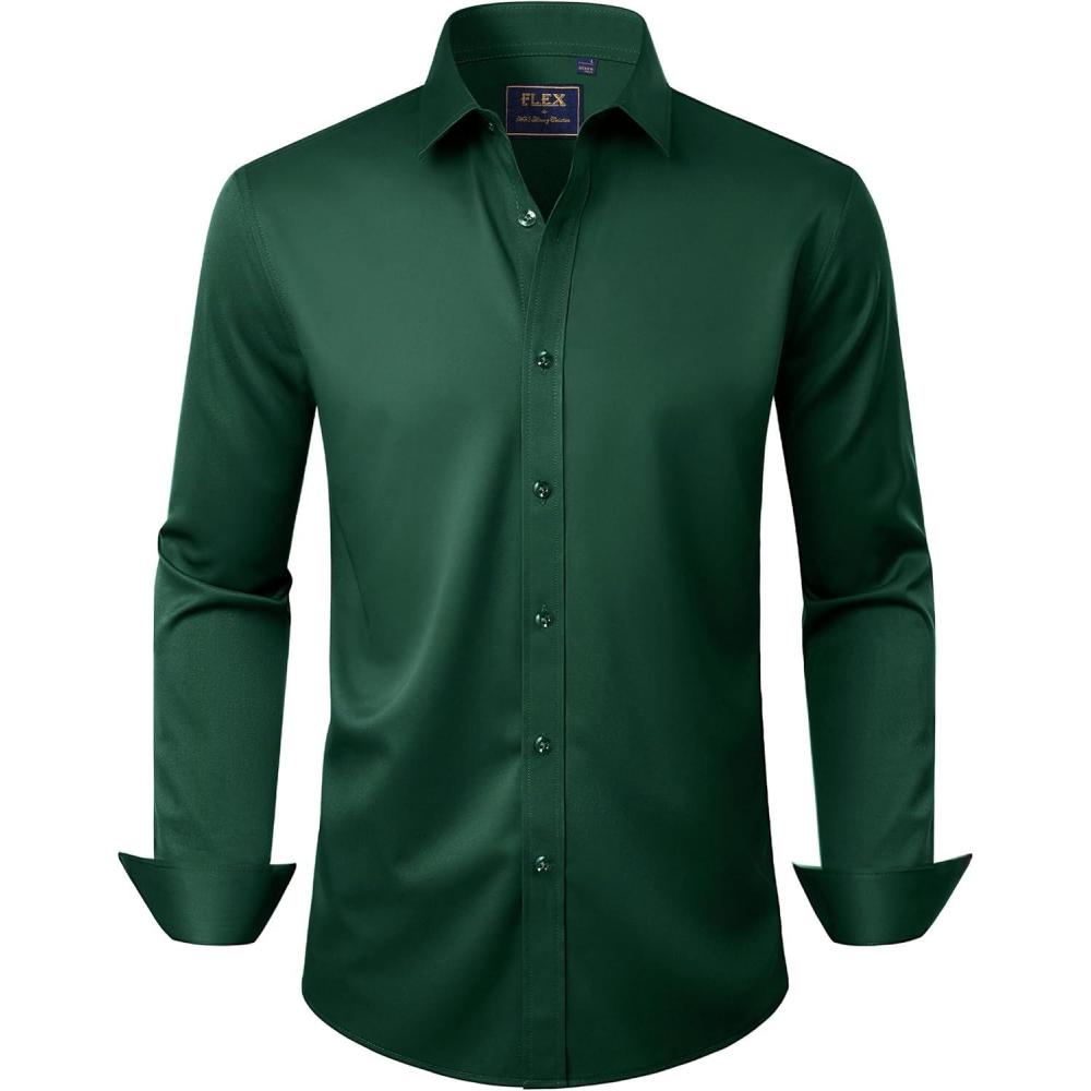 imageJVER Mens Dress Shirts Solid Long Sleeve Stretch WrinkleFree Formal Shirt Business Casual Button Down ShirtsGreen