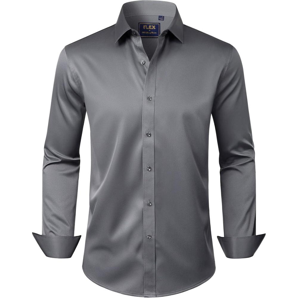 imageJVER Mens Dress Shirts Solid Long Sleeve Stretch WrinkleFree Formal Shirt Business Casual Button Down ShirtsGrey